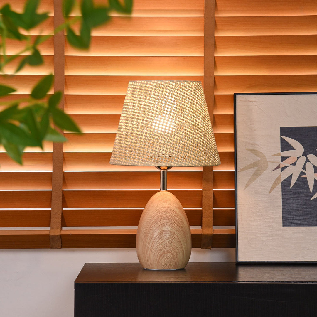 Modern Scandinavian Table Lamp with Iron &amp; Woven Rattan Base and Tapered Shade for Bedroom