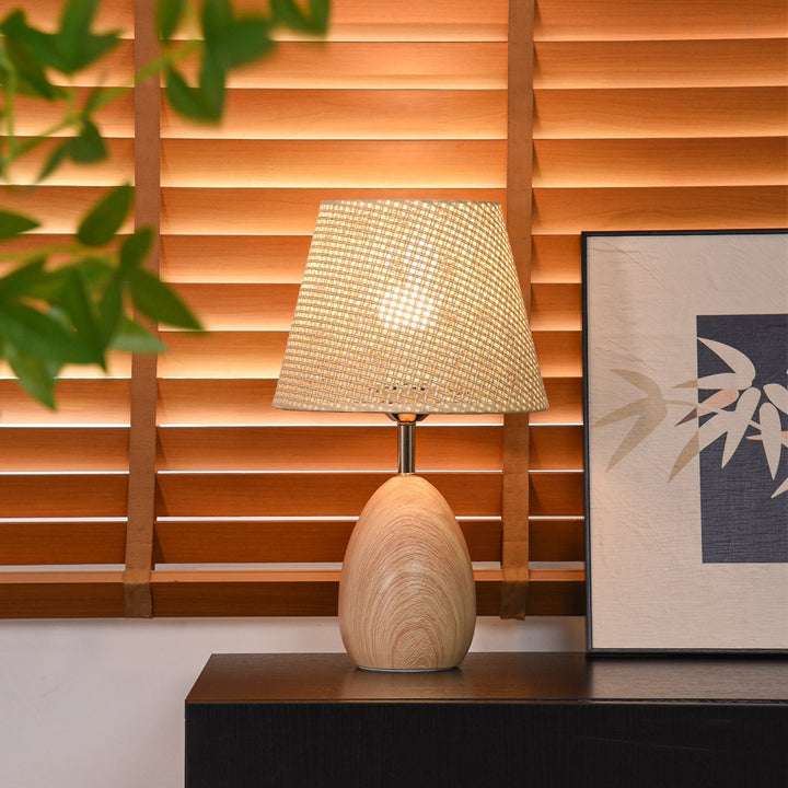 Modern Scandinavian Table Lamp with Iron &amp; Woven Rattan Base and Tapered Shade for Bedroom