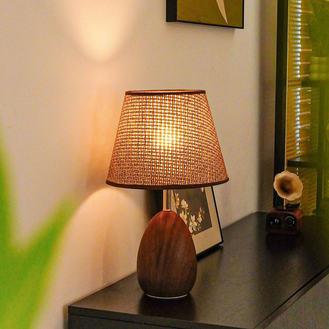 Modern Scandinavian Table Lamp with Iron &amp; Woven Rattan Base and Tapered Shade for Bedroom
