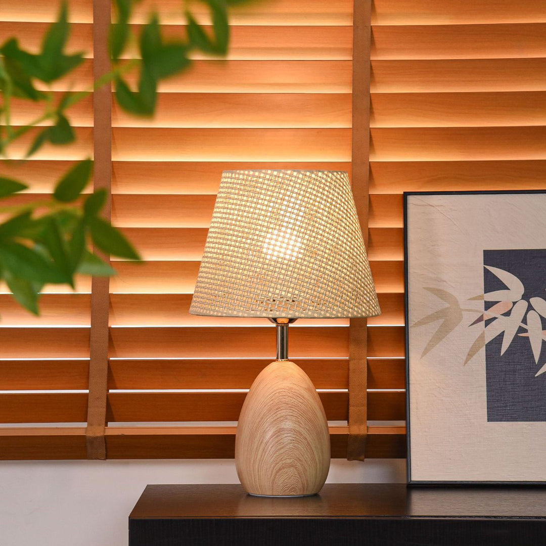 Modern Scandinavian Table Lamp with Iron &amp; Woven Rattan Base and Tapered Shade for Bedroom