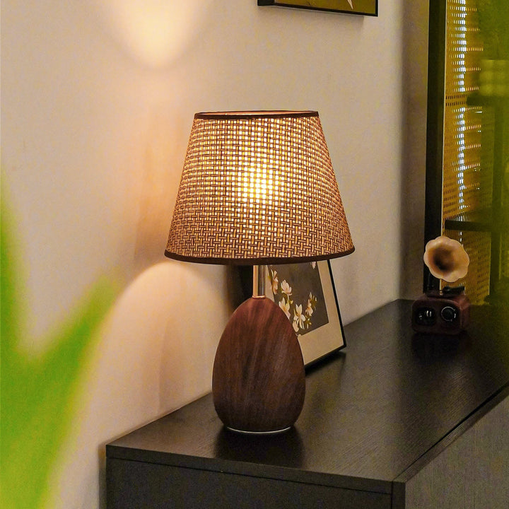 Modern Scandinavian Table Lamp with Iron &amp; Woven Rattan Base and Tapered Shade for Bedroom