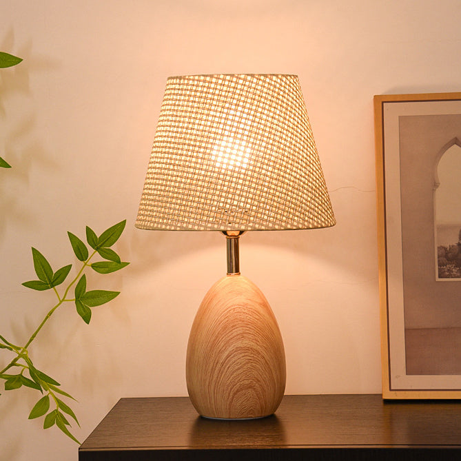 Modern Scandinavian Table Lamp with Iron &amp; Woven Rattan Base and Tapered Shade for Bedroom