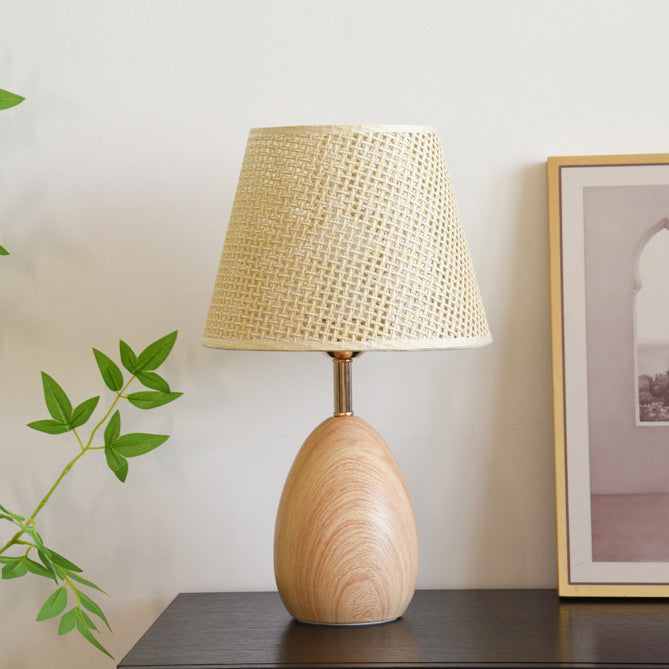 Modern Scandinavian Table Lamp with Iron &amp; Woven Rattan Base and Tapered Shade for Bedroom