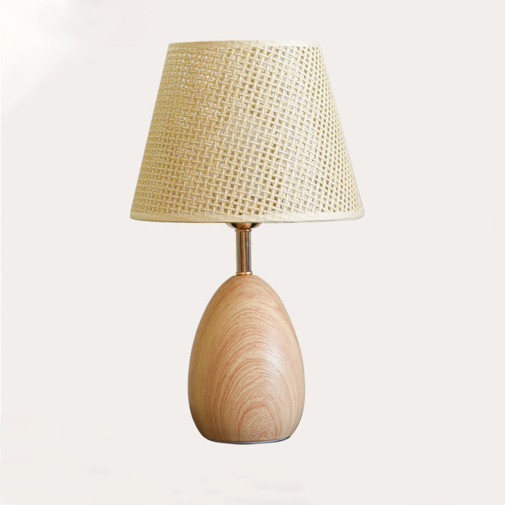 Modern Scandinavian Table Lamp with Iron &amp; Woven Rattan Base and Tapered Shade for Bedroom