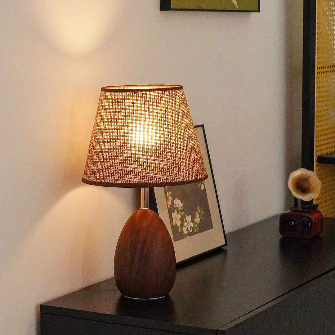 Modern Scandinavian Table Lamp with Iron &amp; Woven Rattan Base and Tapered Shade for Bedroom