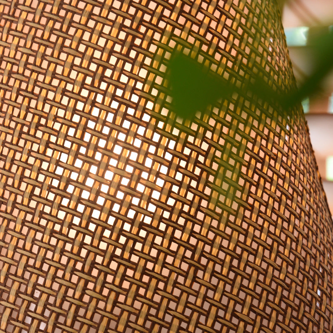 Modern Scandinavian Table Lamp with Iron &amp; Woven Rattan Base and Tapered Shade for Bedroom