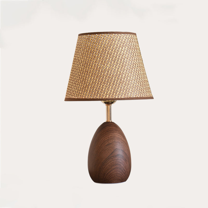 Modern Scandinavian Table Lamp with Iron &amp; Woven Rattan Base and Tapered Shade for Bedroom
