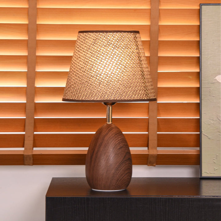 Modern Scandinavian Table Lamp with Iron &amp; Woven Rattan Base and Tapered Shade for Bedroom