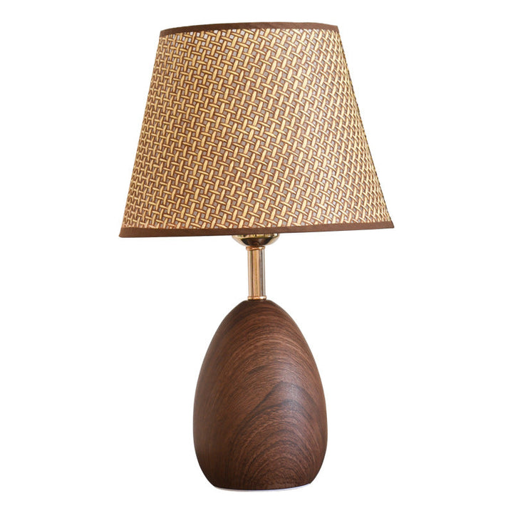 Modern Scandinavian Table Lamp with Iron &amp; Woven Rattan Base and Tapered Shade for Bedroom