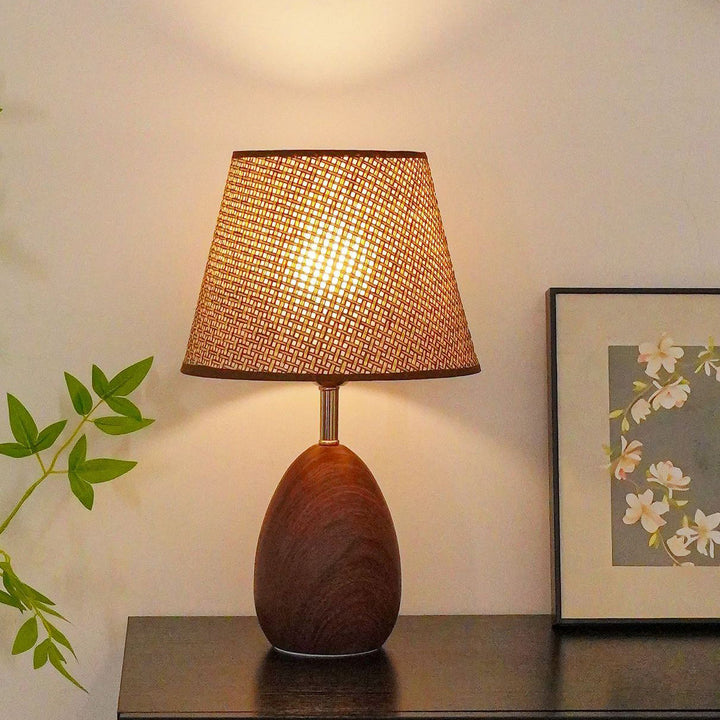 Modern Scandinavian Table Lamp with Iron &amp; Woven Rattan Base and Tapered Shade for Bedroom
