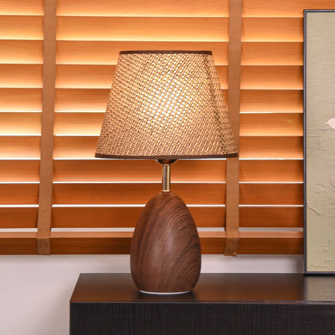 Modern Scandinavian Table Lamp with Iron &amp; Woven Rattan Base and Tapered Shade for Bedroom