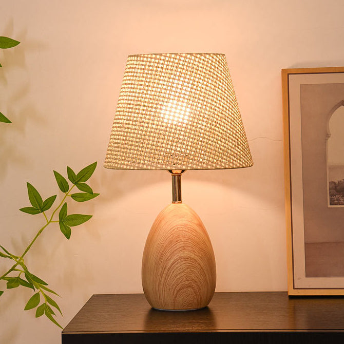 Modern Scandinavian Table Lamp with Iron &amp; Woven Rattan Base and Tapered Shade for Bedroom