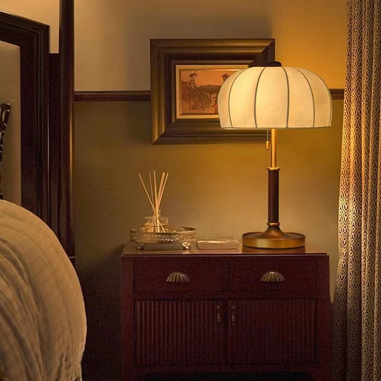 French Dome Table Lamp – 1-Light Ash Wood &amp; Metal Base with Fabric Shade for Bedroom