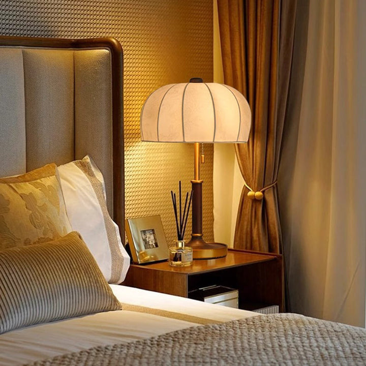 French Dome Table Lamp – 1-Light Ash Wood &amp; Metal Base with Fabric Shade for Bedroom