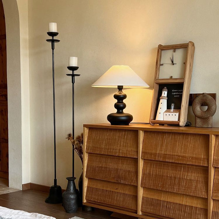 Traditional Vintage Cone Ash Wood Fabric 1-Light Table Lamp For Bedroom
