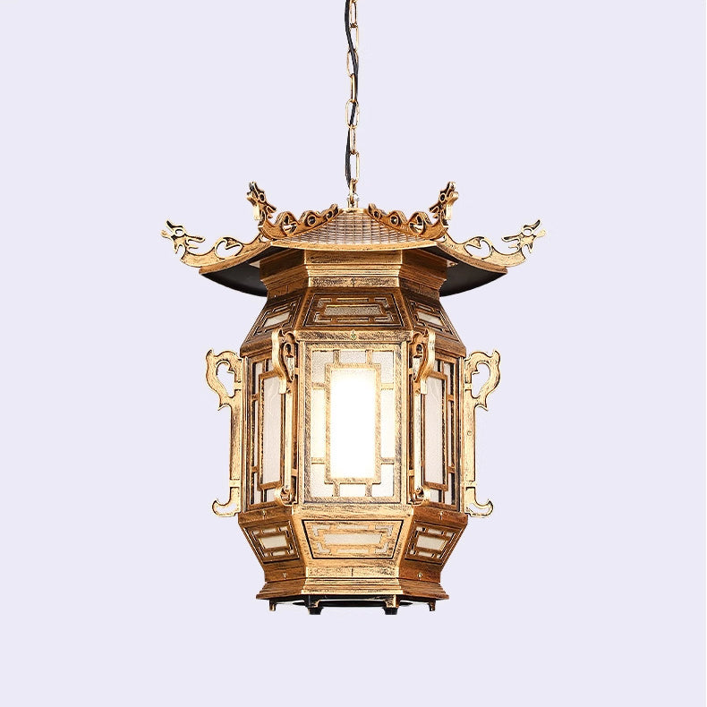 Traditional Chinese Lantern Aluminum PVC 1-Light Pendant Light For Outdoor Patio