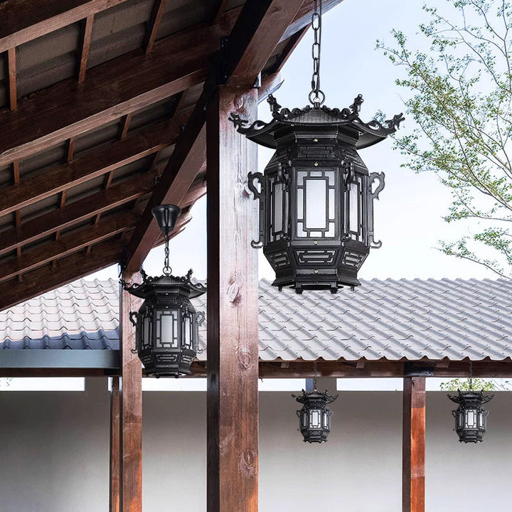 Traditional Chinese Lantern Aluminum PVC 1-Light Pendant Light For Outdoor Patio