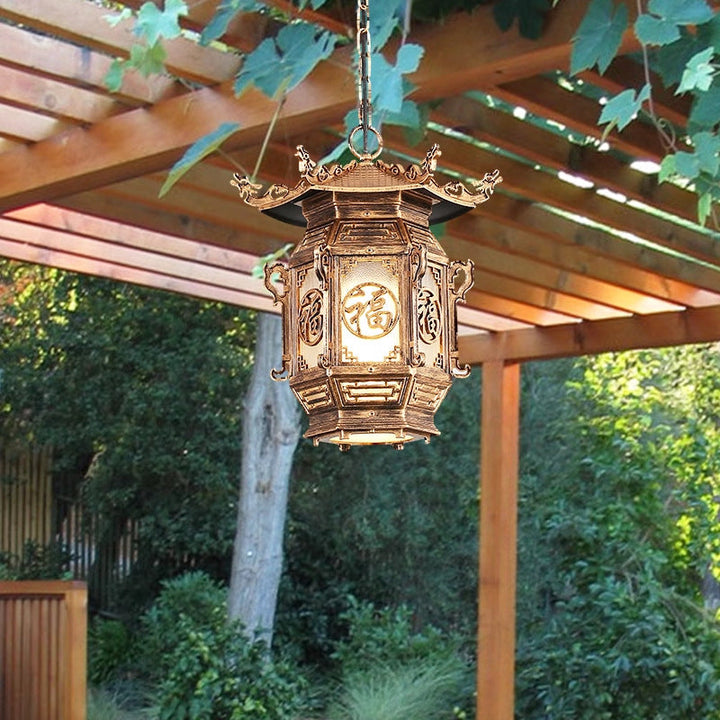 Traditional Chinese Lantern Aluminum PVC 1-Light Pendant Light For Outdoor Patio