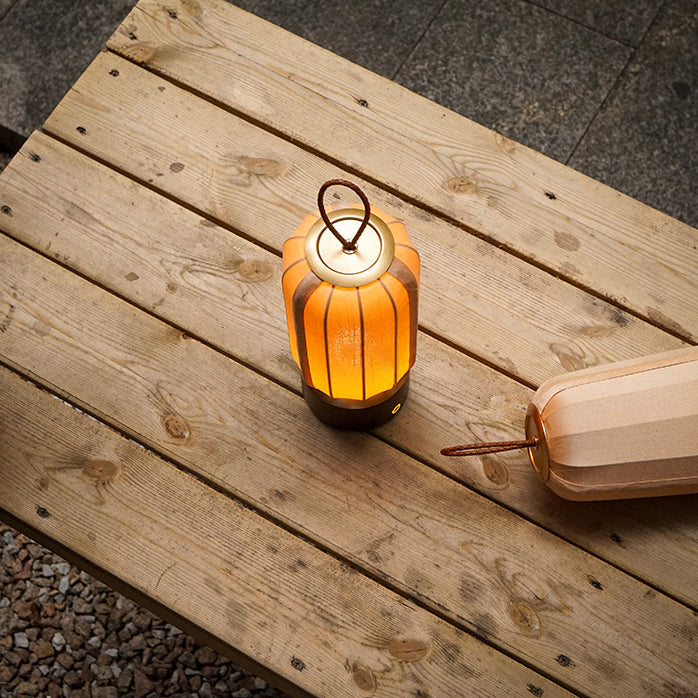 Traditional Chinese Lantern Cylinder Solid Wood Fabric LED Table Lamp For Bedroom