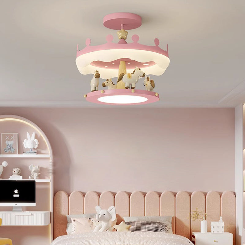 Modern Eclectic Kids Carousel Iron PE LED Semi-Flush Mount Ceiling Light For Bedroom
