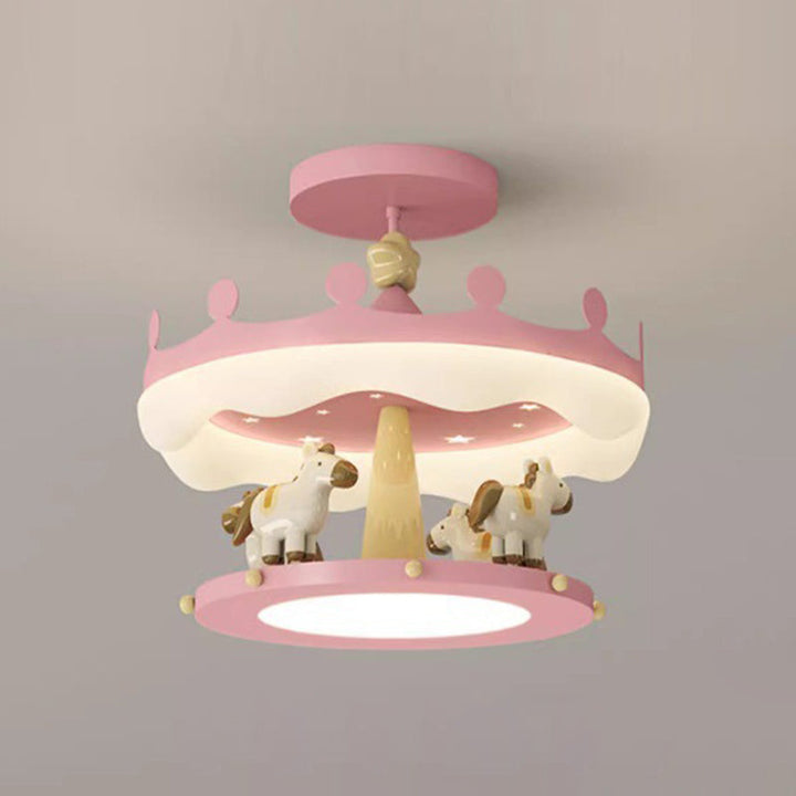 Modern Eclectic Kids Carousel Iron PE LED Semi-Flush Mount Ceiling Light For Bedroom
