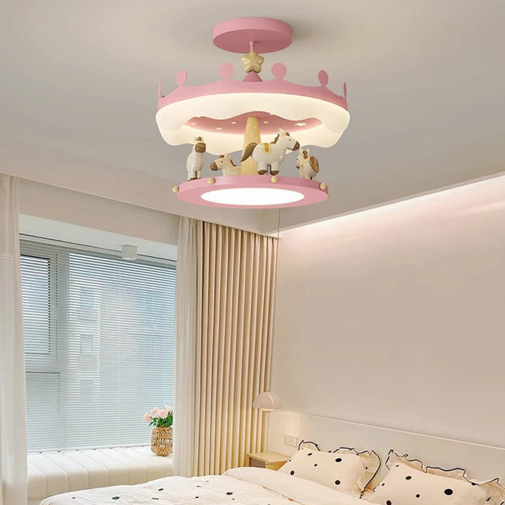 Modern Eclectic Kids Carousel Iron PE LED Semi-Flush Mount Ceiling Light For Bedroom