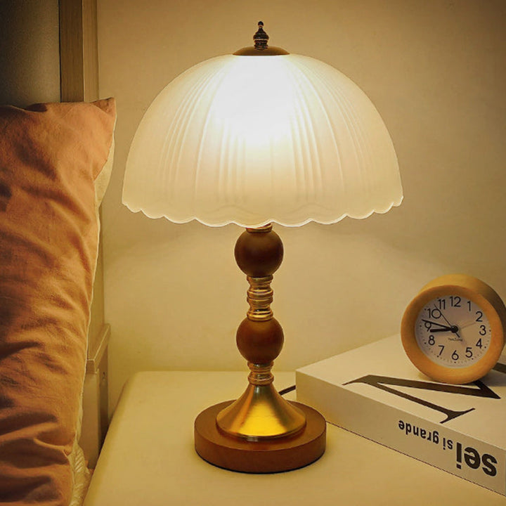 Modern Mid-Century Dome Glass Shade Rubberwood Iron Base 1-Light Table Lamp For Bedroom