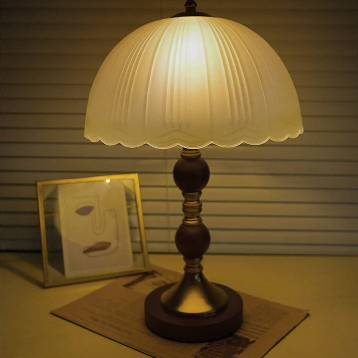 Modern Mid-Century Dome Glass Shade Rubberwood Iron Base 1-Light Table Lamp For Bedroom