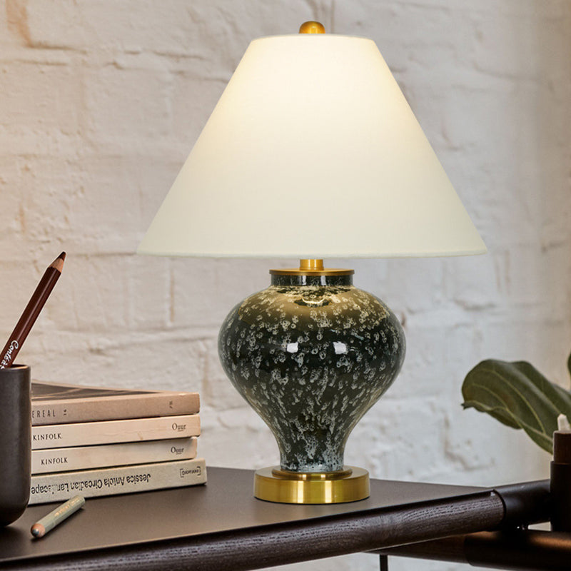 Modern Art Deco Tapered Fabric Shade Ceramic Metal Base 1-Light Table Lamp For Bedroom
