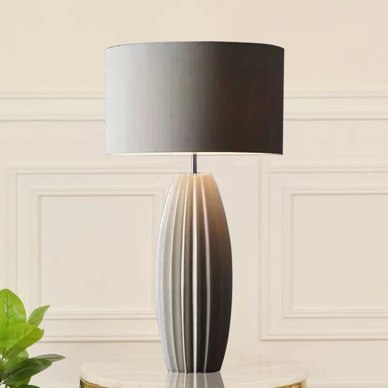 Contemporary Scandinavian Distressed Cylinder Round Fabric Ceramic 1-Light Table Lamp For Living Room
