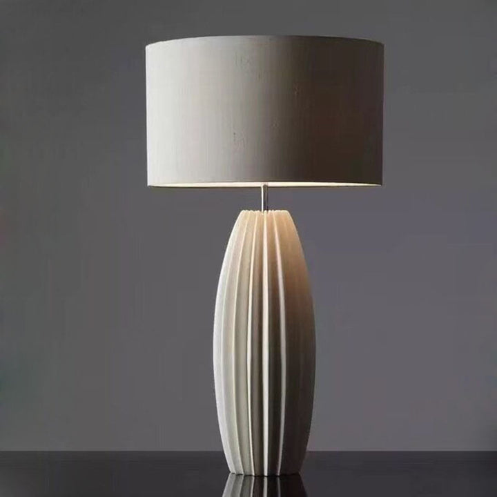 Contemporary Scandinavian Distressed Cylinder Round Fabric Ceramic 1-Light Table Lamp For Living Room