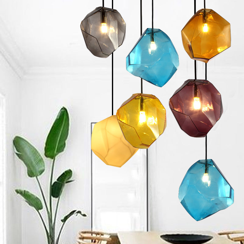 Traditional Vintage Irregular Stone Shape Glass Metal 1-Light Pendant Light For Living Room