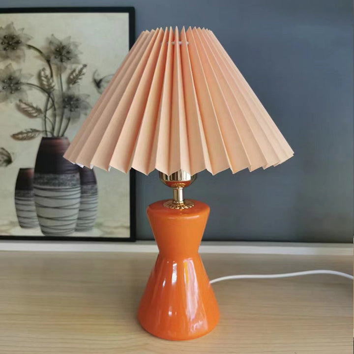 Contemporary Scandinavian Distressed Hourglass Shape Round Fabric Ceramic 1-Light Table Lamp For Bedroom
