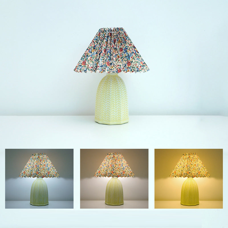 Traditional Vintage Scalloped Cylinder Round Fabric Ceramic LED Table Lamp For Living Room