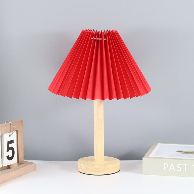 Contemporary Scandinavian Pleated Fan Round Fabric Solid Wood 1-Light Table Lamp For Living Room