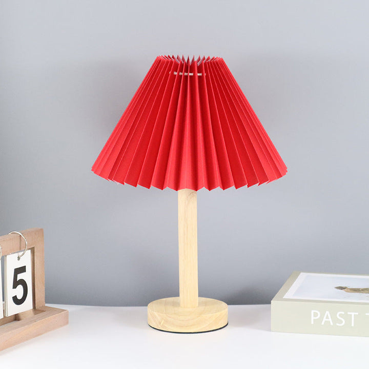 Contemporary Scandinavian Pleated Fan Round Fabric Solid Wood 1-Light Table Lamp For Living Room