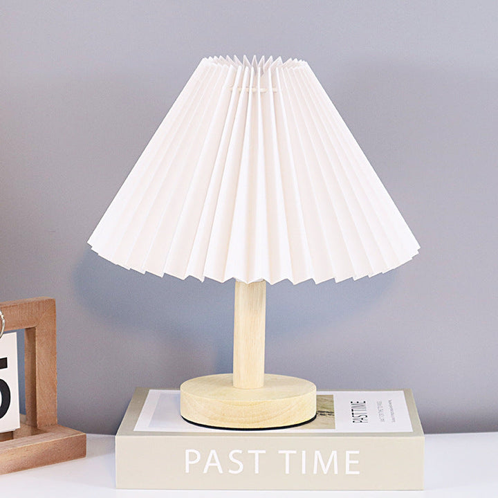 Contemporary Scandinavian Pleated Fan Round Fabric Solid Wood 1-Light Table Lamp For Living Room