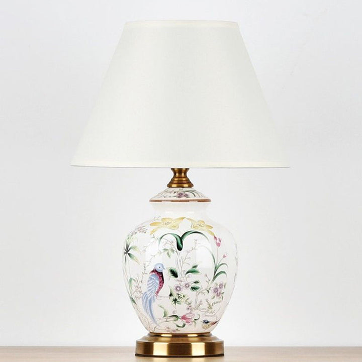 Traditional Chinese Patterned Bird Scalloped Round Fabric Ceramic 1-Light Table Lamp For Living Room