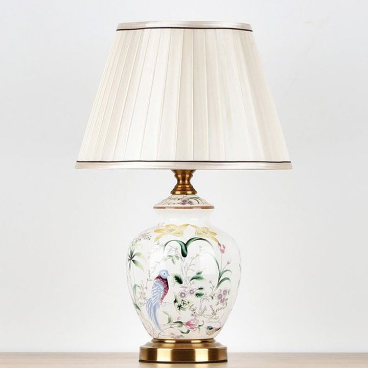 Traditional Chinese Patterned Bird Scalloped Round Fabric Ceramic 1-Light Table Lamp For Living Room