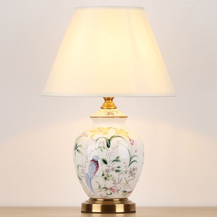 Traditional Chinese Patterned Bird Scalloped Round Fabric Ceramic 1-Light Table Lamp For Living Room