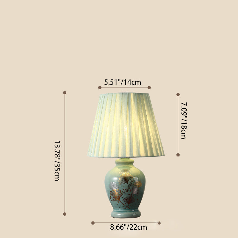 Traditional Chinese Flower Pattern Round Fan Fabric Ceramic 1-Light Table Lamp For Living Room