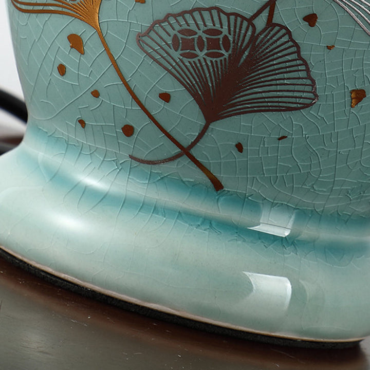 Traditional Chinese Flower Pattern Round Fan Fabric Ceramic 1-Light Table Lamp For Living Room