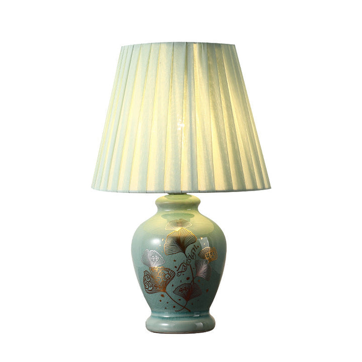 Traditional Chinese Flower Pattern Round Fan Fabric Ceramic 1-Light Table Lamp For Living Room
