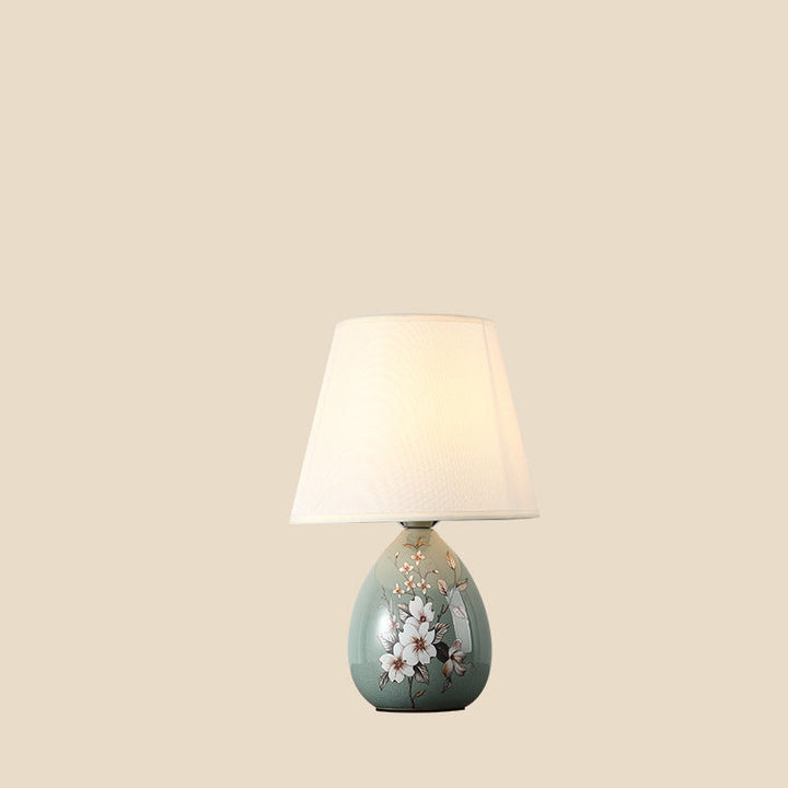 Traditional Chinese Flower Pattern Round Fan Fabric Ceramic 1-Light Table Lamp For Living Room