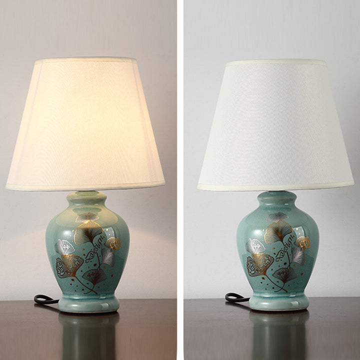 Traditional Chinese Flower Pattern Round Fan Fabric Ceramic 1-Light Table Lamp For Living Room