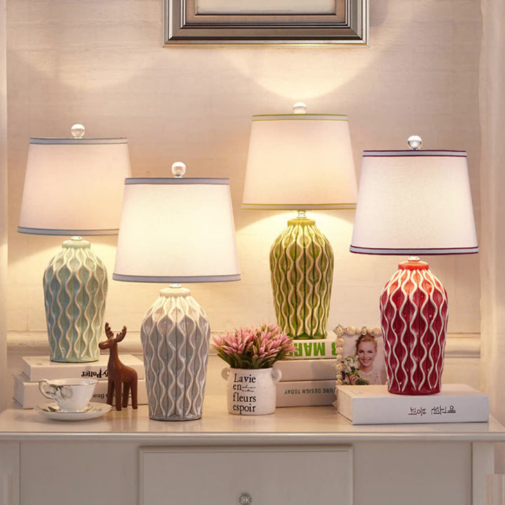 Contemporary Scandinavian Patterned Sculpture Round Fabric Ceramic 1-Light Table Lamp For Bedroom