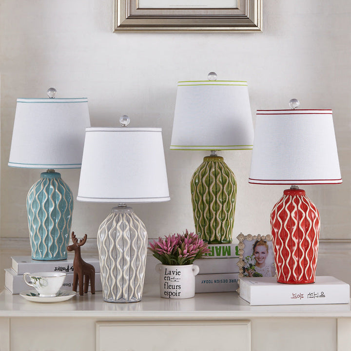 Contemporary Scandinavian Patterned Sculpture Round Fabric Ceramic 1-Light Table Lamp For Bedroom