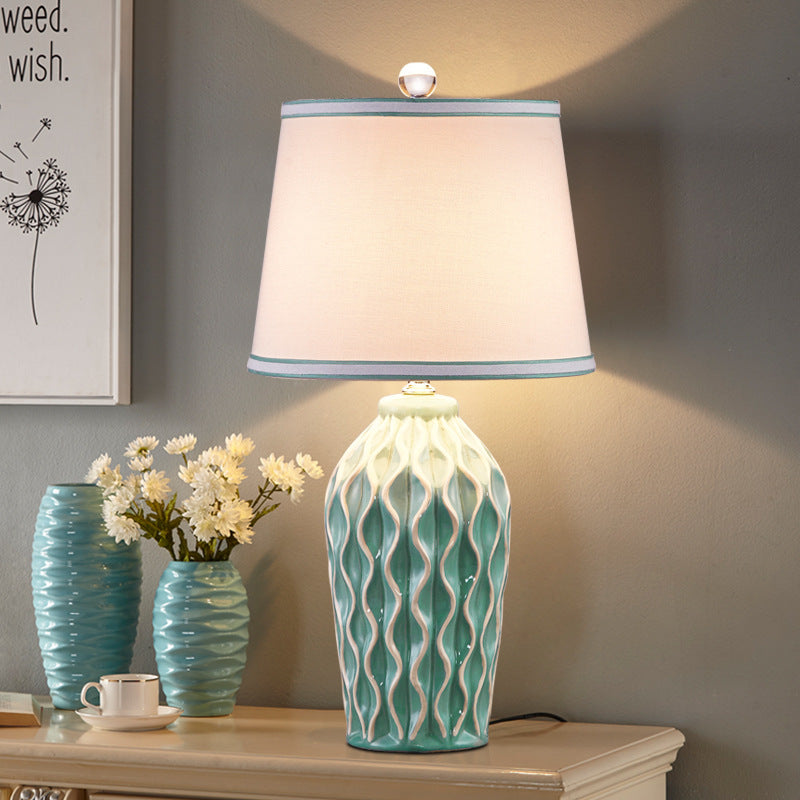 Contemporary Scandinavian Patterned Sculpture Round Fabric Ceramic 1-Light Table Lamp For Bedroom
