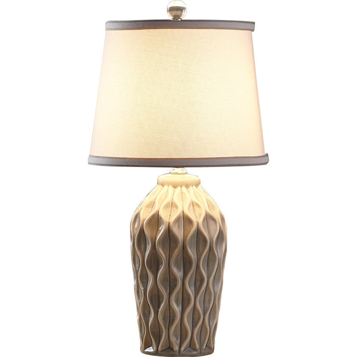 Contemporary Scandinavian Patterned Sculpture Round Fabric Ceramic 1-Light Table Lamp For Bedroom
