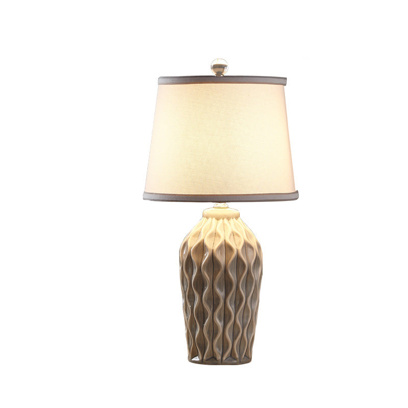 Contemporary Scandinavian Patterned Sculpture Round Fabric Ceramic 1-Light Table Lamp For Bedroom